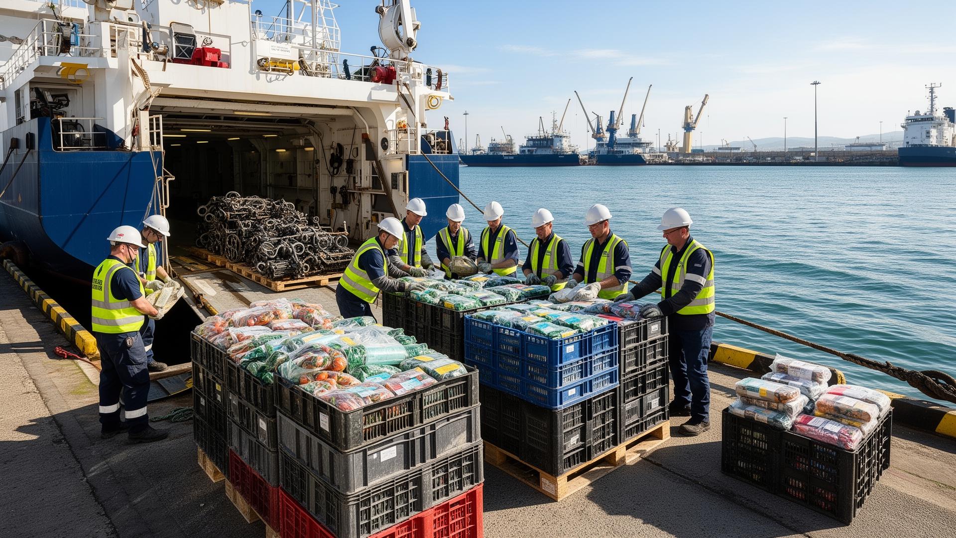 Vessel at anchorage receiving supplies from a launch boat