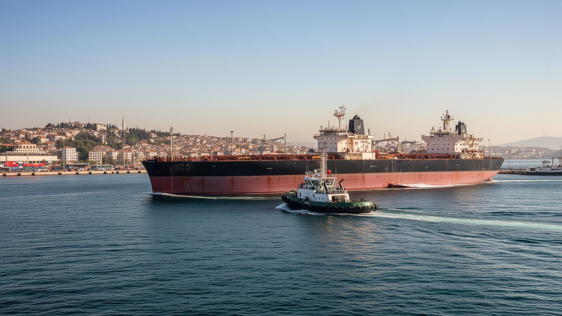Commercial vessel arriving at port with tugs and cranes