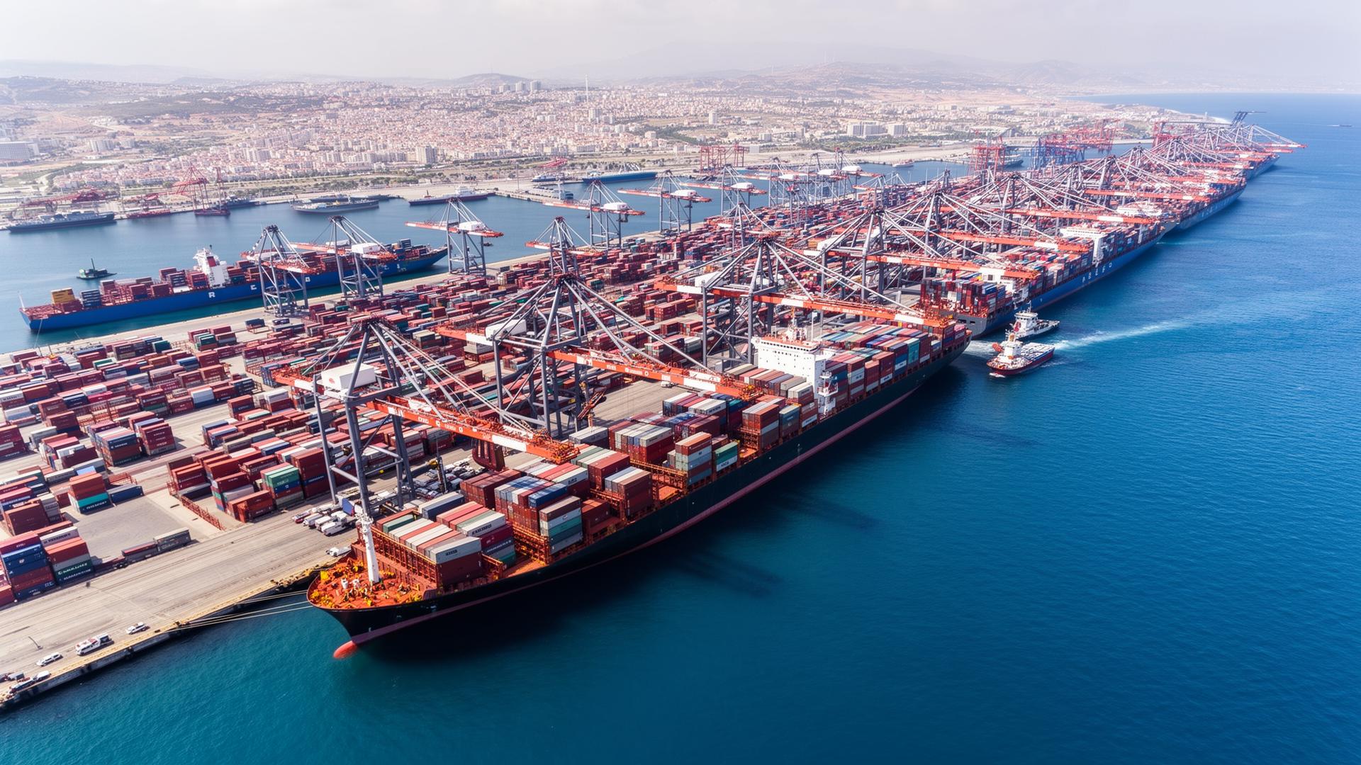 Map-style illustration of Turkish ports connected by shipping routes