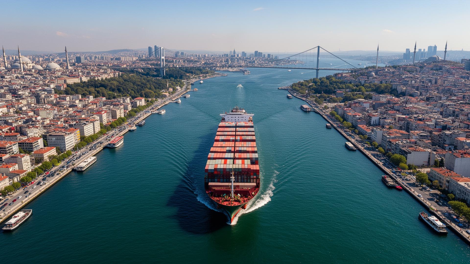 Cargo vessel transiting the Bosphorus under a suspension bridge